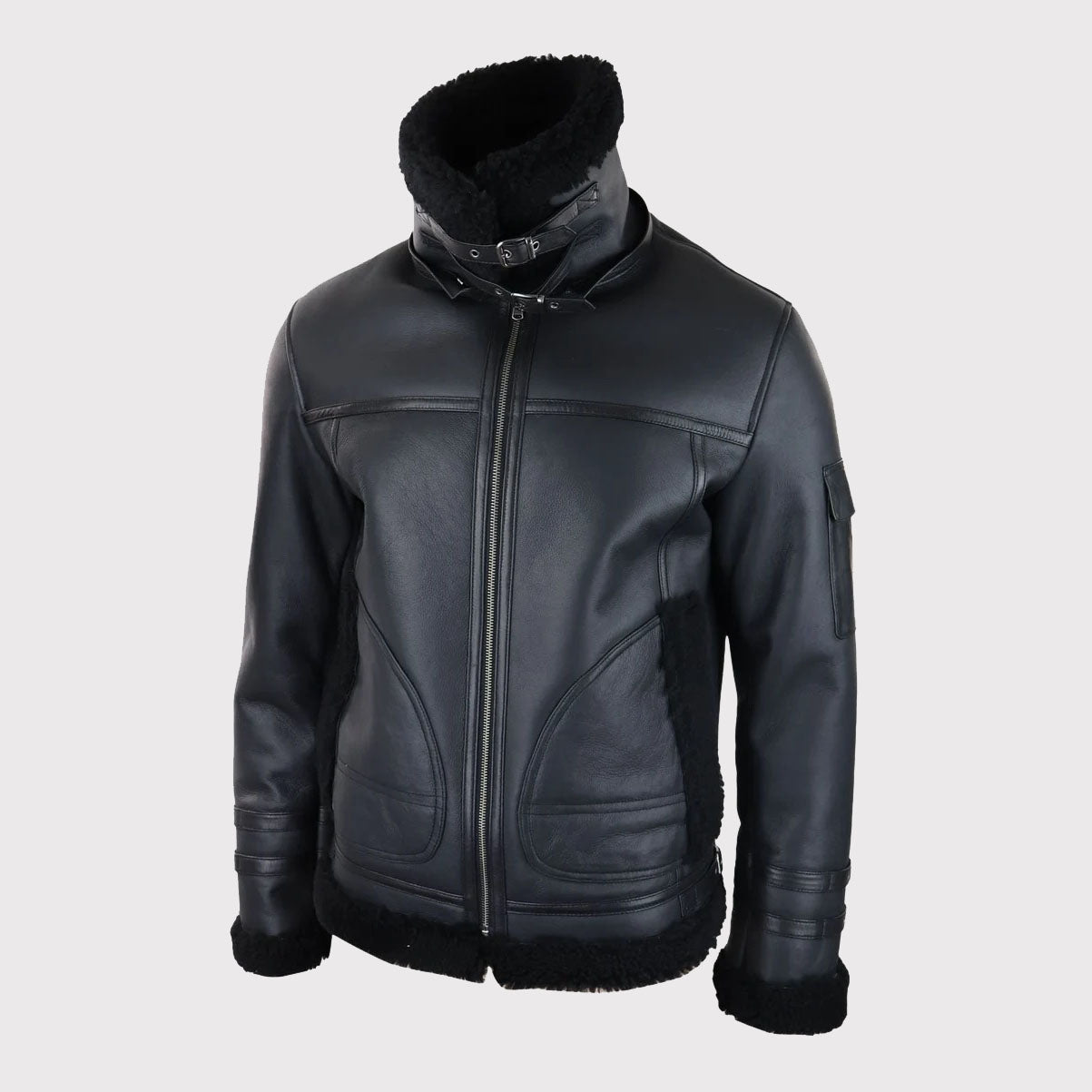 Men's Black Shearling Sheepskin Zipped Flying Jacket