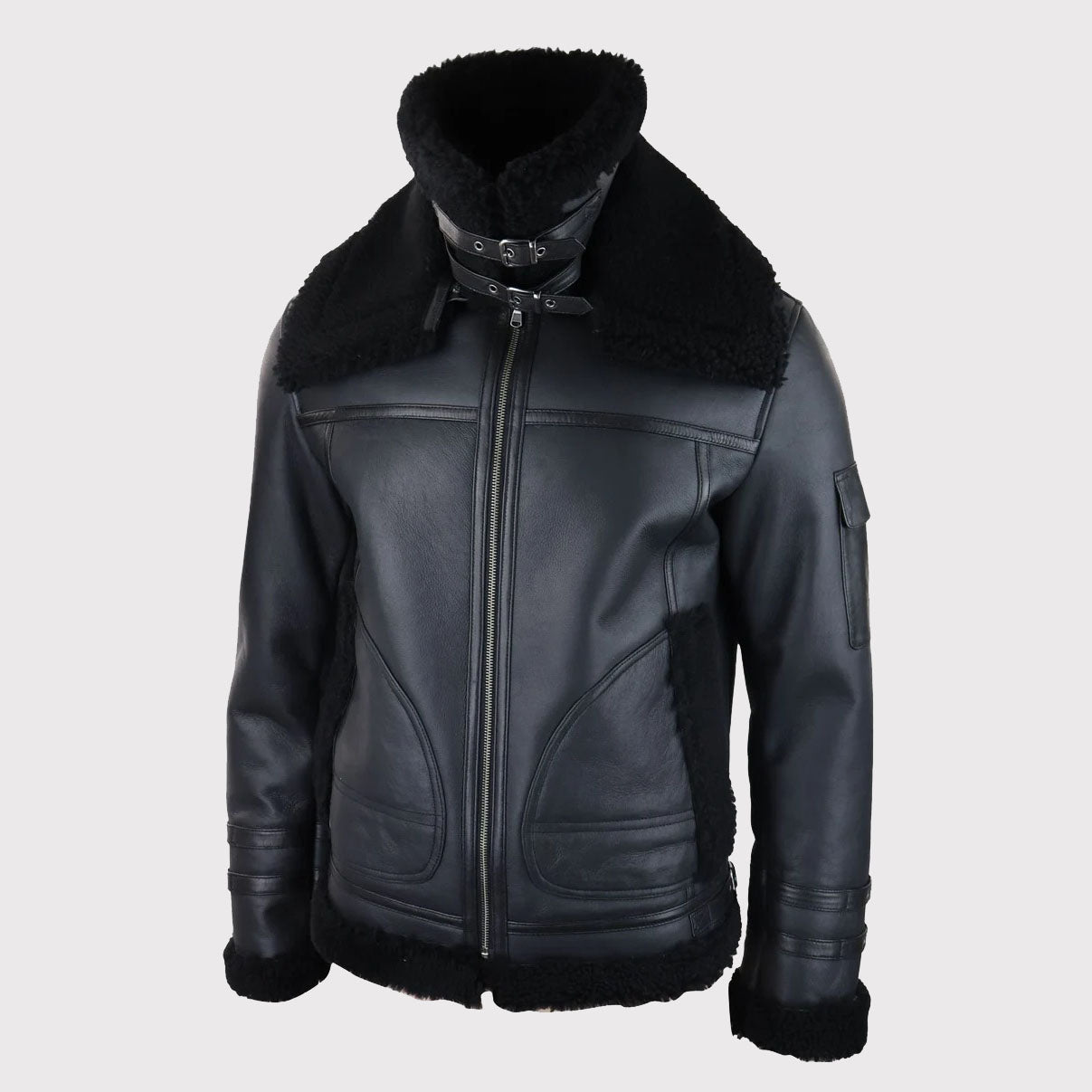 Men's Black Shearling Sheepskin Zipped Flying Jacket