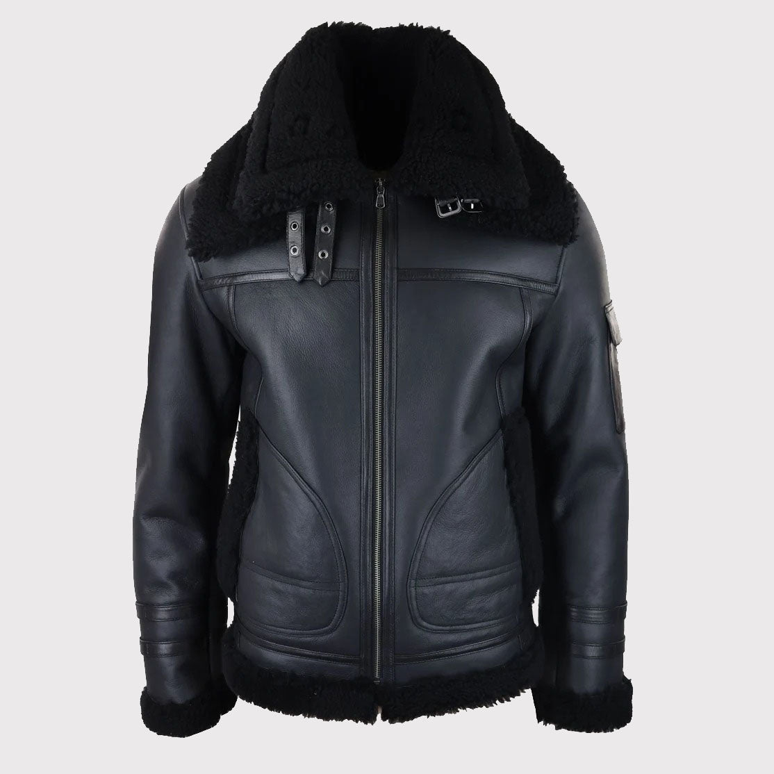 Men's Black Shearling Sheepskin Zipped Flying Jacket