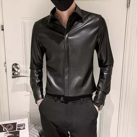 back view of black sheepskin leather formal shirt for men