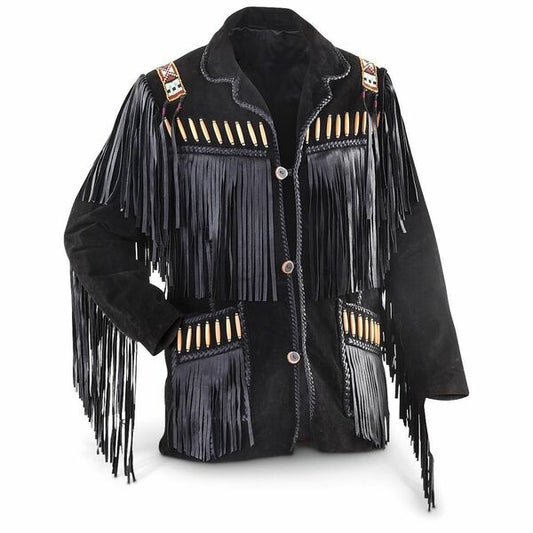 Men's Black Suede Leather Jacket - Cowboy Fringed & Beaded Coat