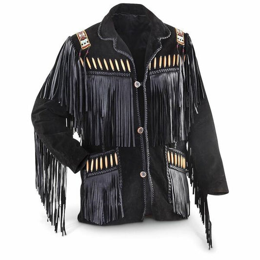 Men's Black Suede Leather Jacket - Cowboy Fringed & Beaded Coat Men's Black Suede Leather Jacket - Cowboy Fringed & Beaded Coat