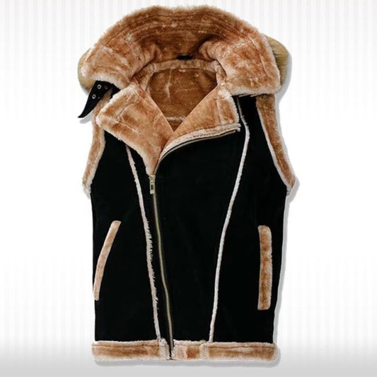 Men's Black Suede Leather Shearling Vest - Hooded Sleeveless Jacket Men's Black Suede Leather Shearling Vest - Hooded Sleeveless Jacket