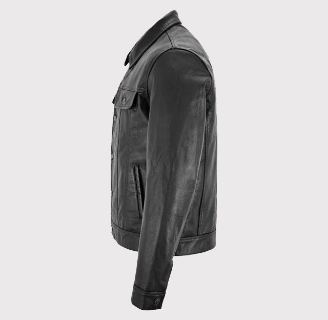 Classic Black Trucker Western Leather Jacket Shirt for Men