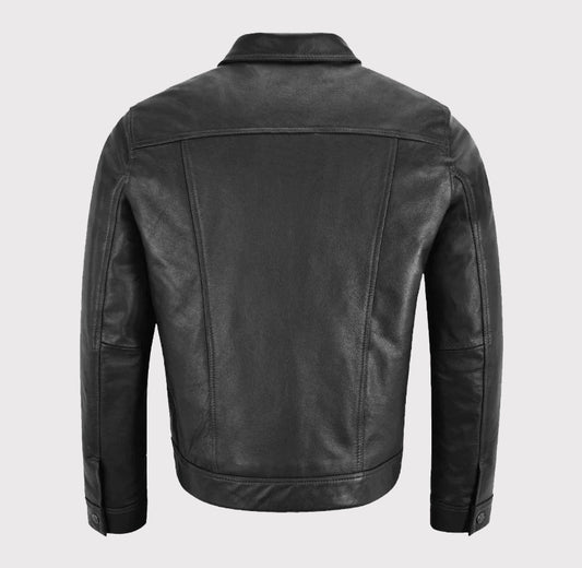 Men's Black Trucker Western Leather Jacket Shirt!