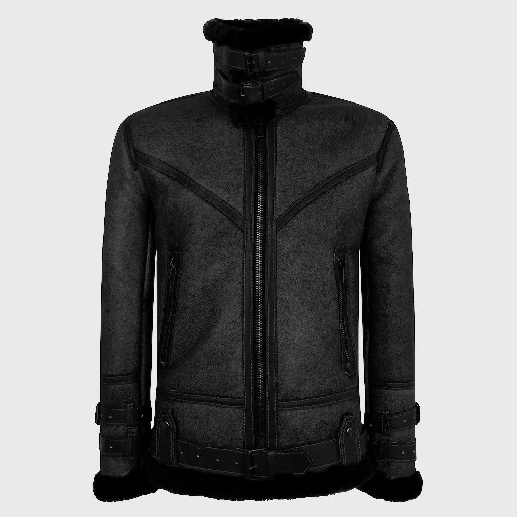 Men's Classic Black Vintage Shearling Sheepskin Flying Jacket