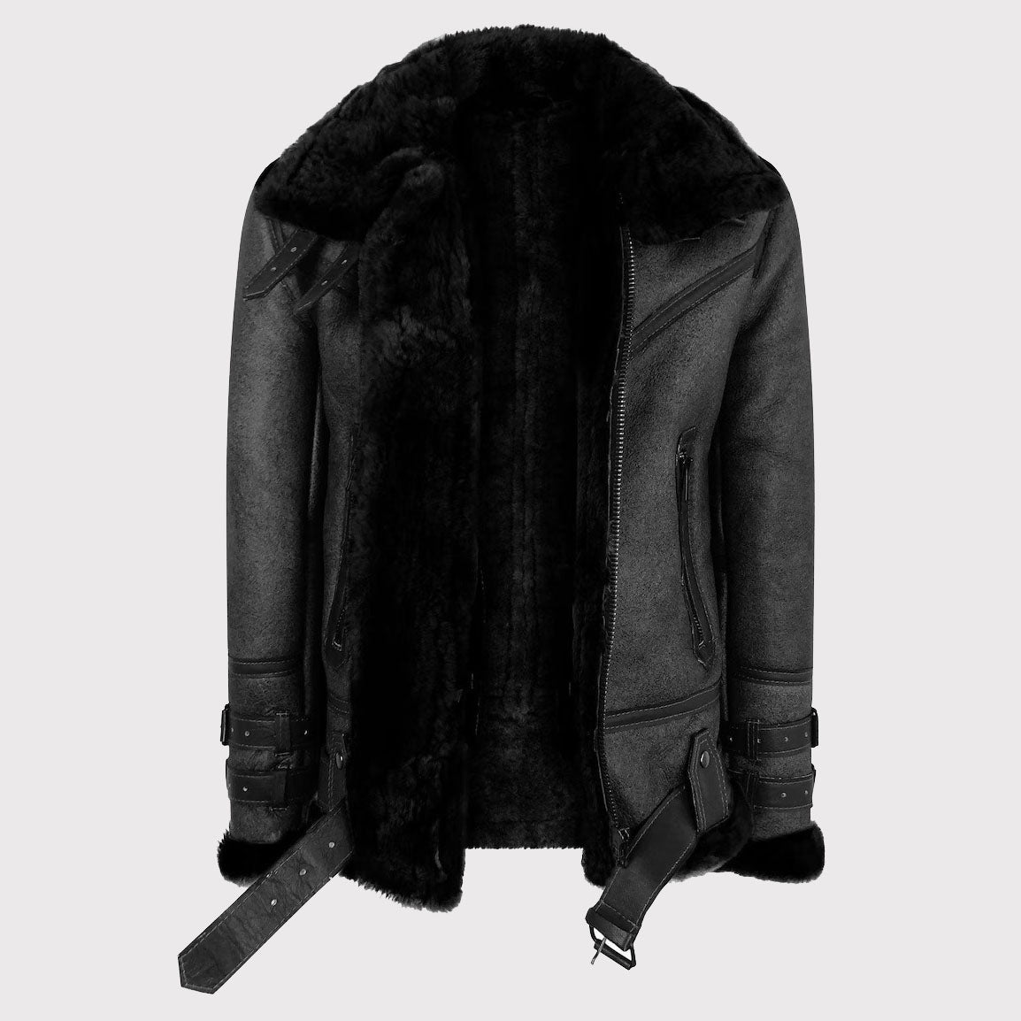 Men's Classic Black Vintage Shearling Sheepskin Flying Jacket