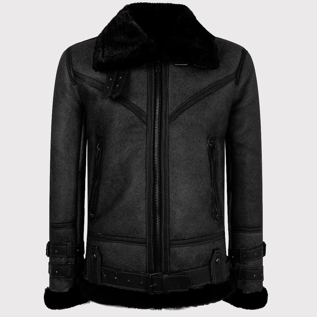 Men's Classic Black Vintage Shearling Sheepskin Flying Jacket