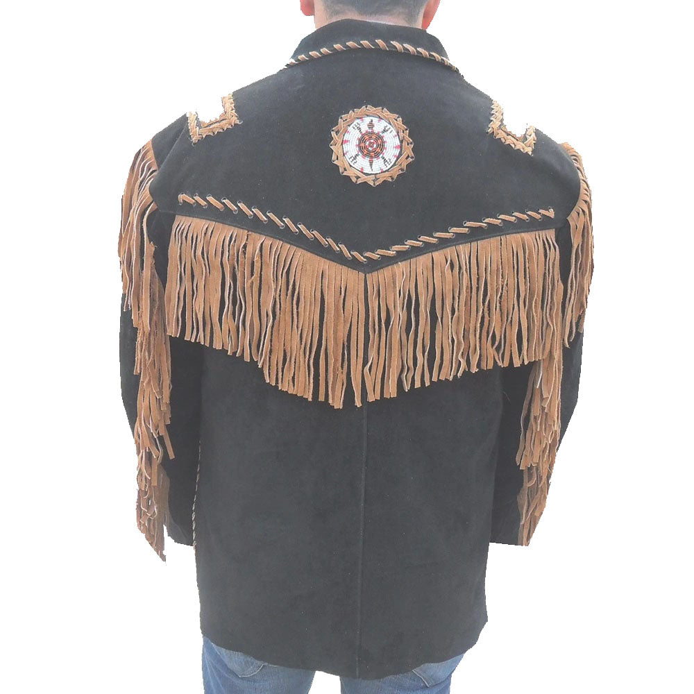 Men's Black Western Cowboy Suede Jacket with Fringes