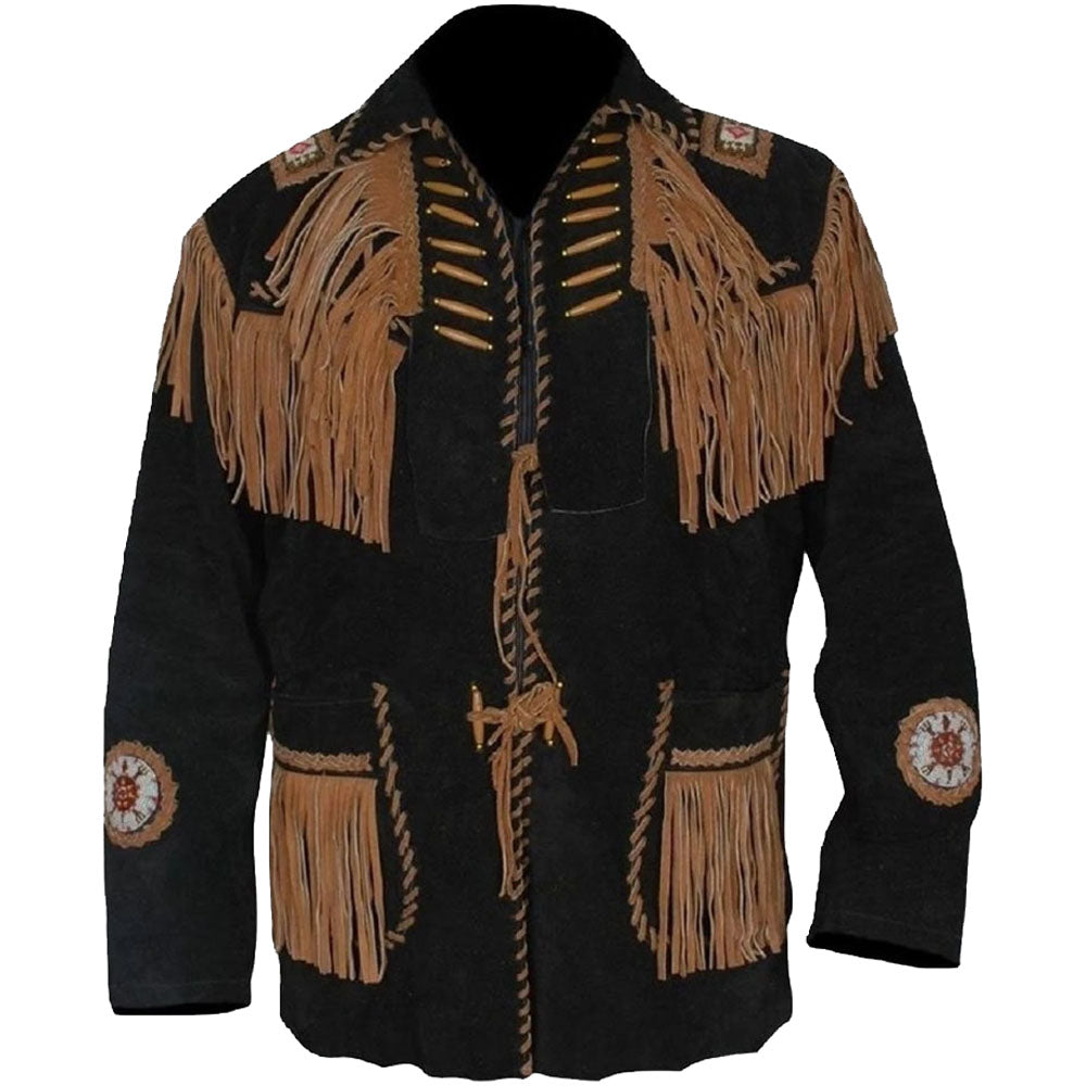 Men's Black Western Cowboy Suede Jacket with Fringes