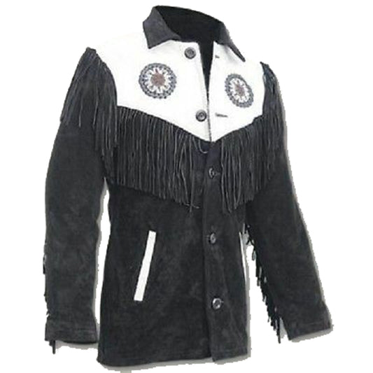 Men's Black and White Suede Leather Jacket - Cowboy Fringed & Beaded Coat Men's Black & White Suede Jacket | Cowboy Fringed & Beaded