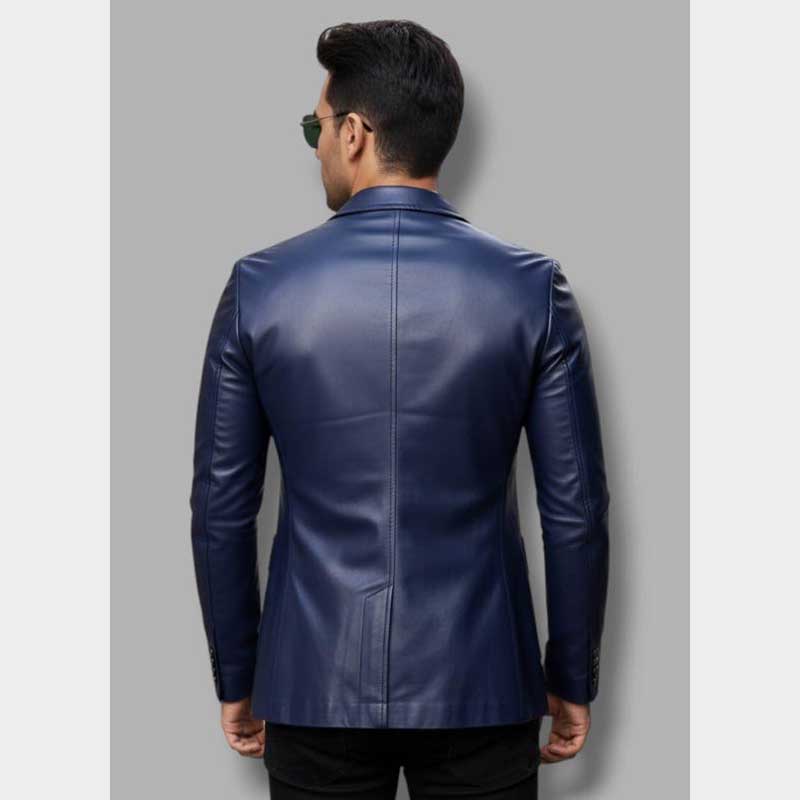 Back view of Men's Blue Leather Blazer Jacket Slim Fit Formal Coat highlighting breathable lining and craftsmanship