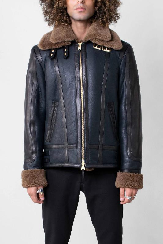 Men's Blue Sheepskin Shearling Leather Jacket Men's Blue Sheepskin Shearling Jacket
