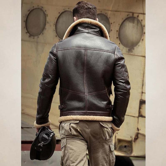 back view of brown sheepskin flight jacket with shearling