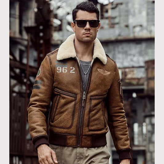 Men's Brown B6 Sheepskin Shearling Bomber Jacket