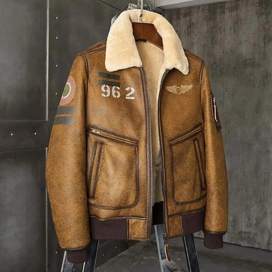 Men's Brown B6 Sheepskin Shearling Bomber Jacket Men's Brown B6 Sheepskin Shearling Bomber Jacket