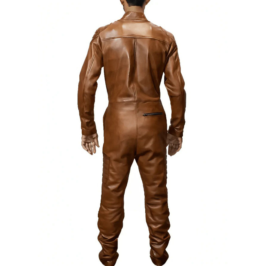 Men's Brown Biker Leather Jumpsuit | Edgy and Stylish