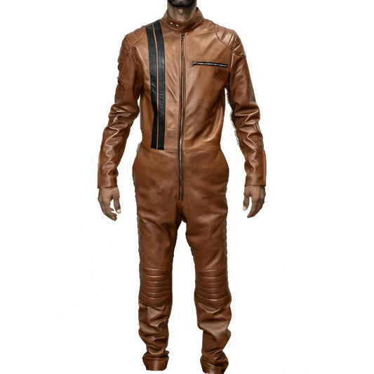 Men's Brown Biker Leather Jumpsuit | Edgy and Stylish