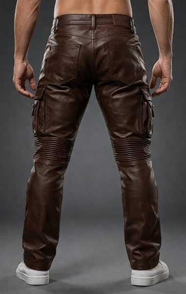 Mens Brown Biker Leather Cargo Pants Slim Fit