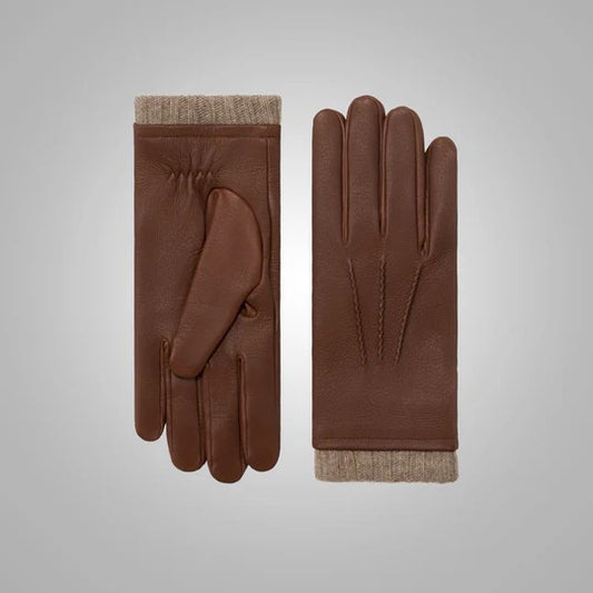 Men's Brown Deerskin Leather Gloves with Cashmere Lining Men's Brown Deerskin Leather Gloves with Cashmere Lining