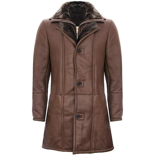 Men's Brown Double Collar Shearling Trench Coat Brown Shearling Trench Coat