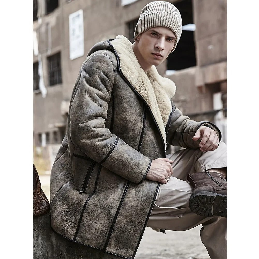 Men's Brown Hooded B7 Shearling Coat Bomber Jacket