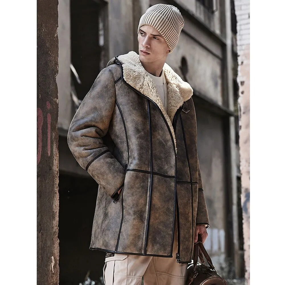 Men's Brown Hooded B7 Shearling Coat Bomber Jacket