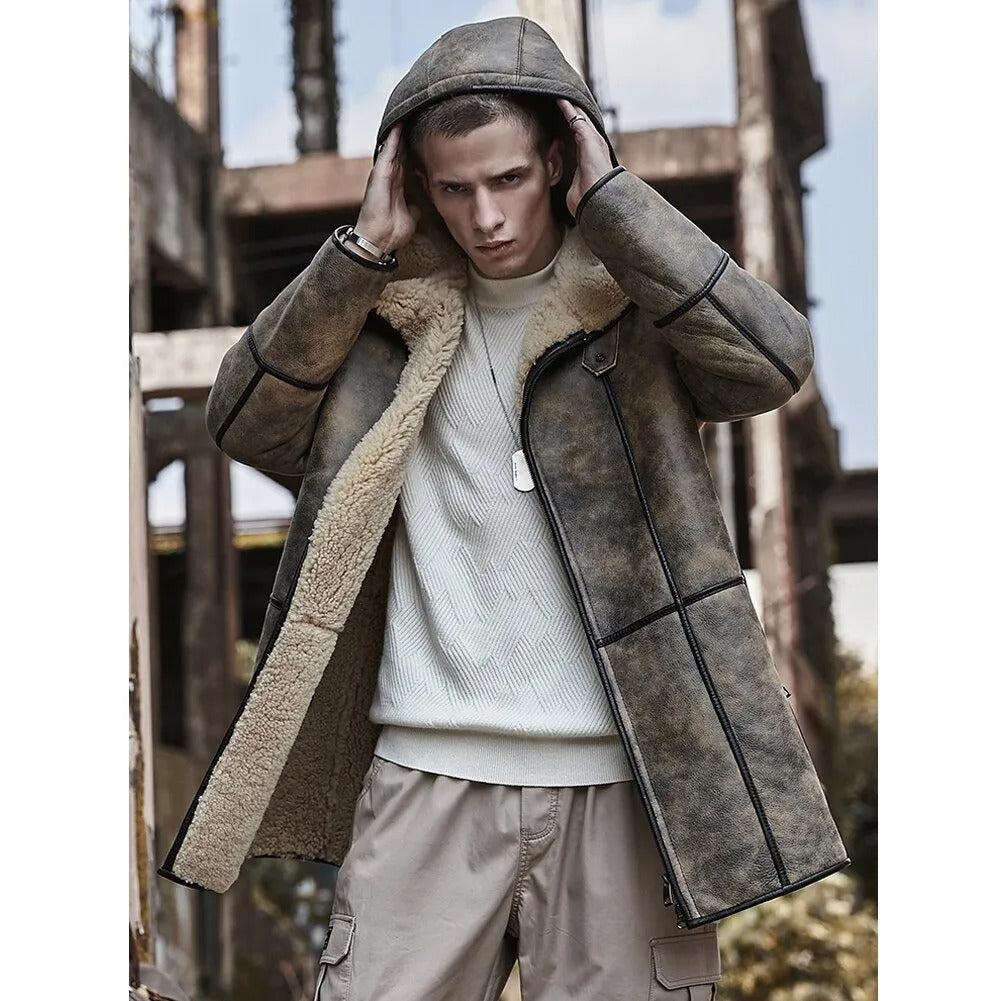 Men's Brown Hooded B7 Shearling Coat Bomber Jacket