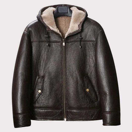 Men's Brown Hooded B3 Shearling Motorcycle Jacket Men's Brown Hooded B3 Shearling Motorcycle Jacket