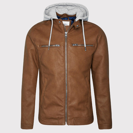 Men's Brown Hooded Biker Leather Jacket Men's Brown Hooded Biker Jacket