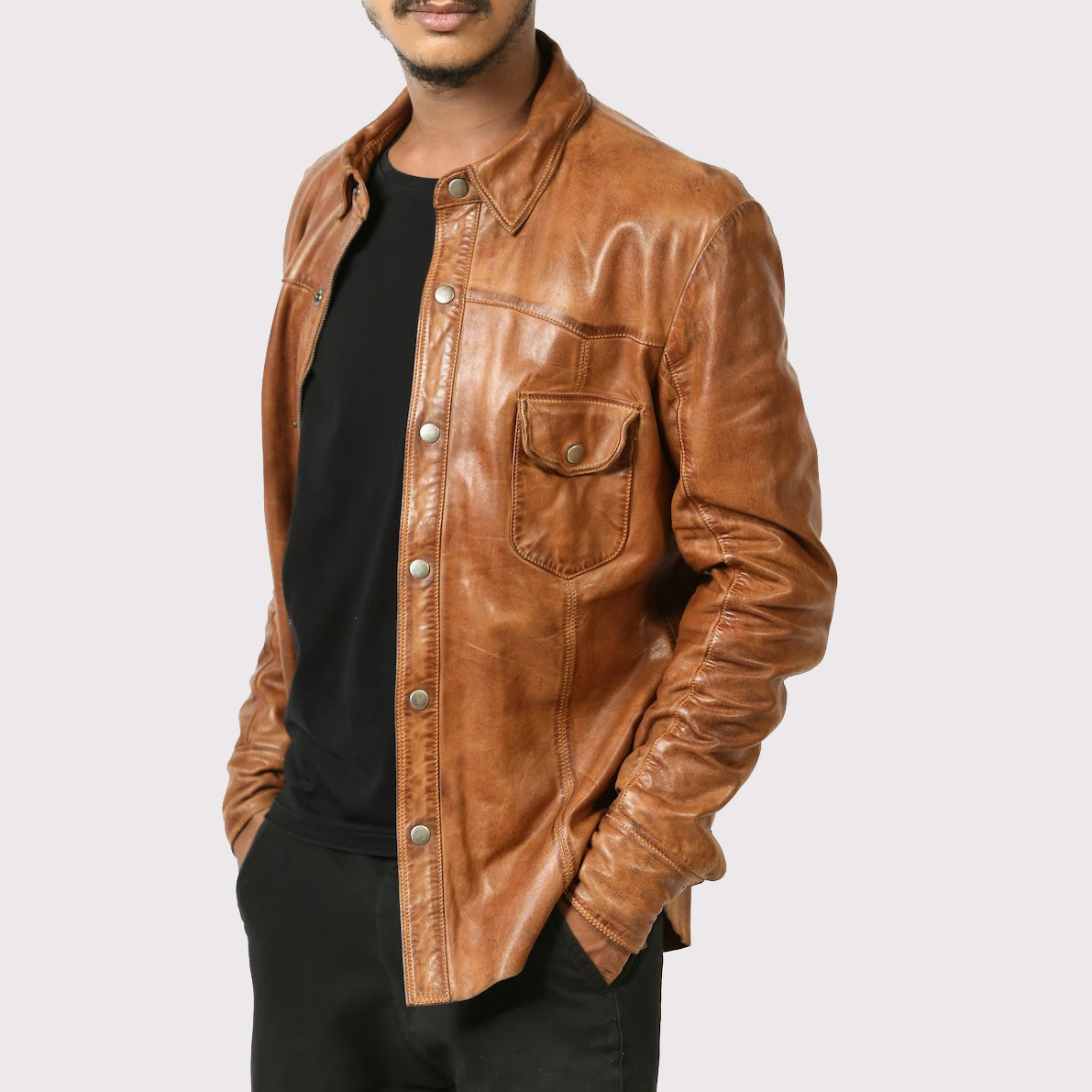 Men's Brown Lambskin Leather Biker Shirt