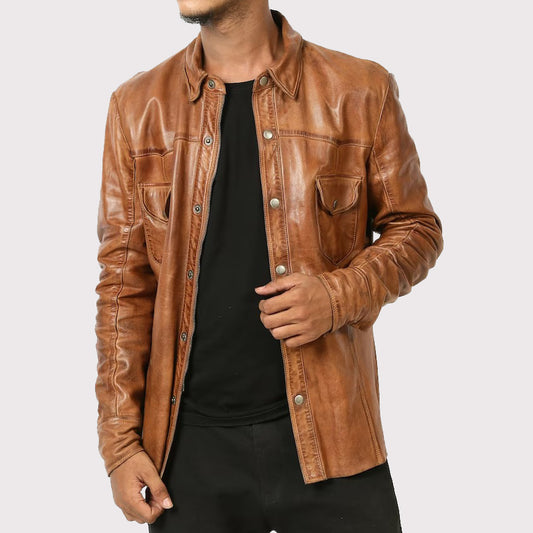 Men's Brown Lambskin Leather Biker Shirt Men's Brown Lambskin Leather Biker Shirt