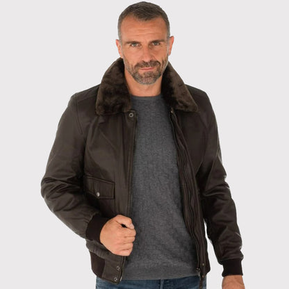 Brown Lambskin Leather Bomber Jacket for Men