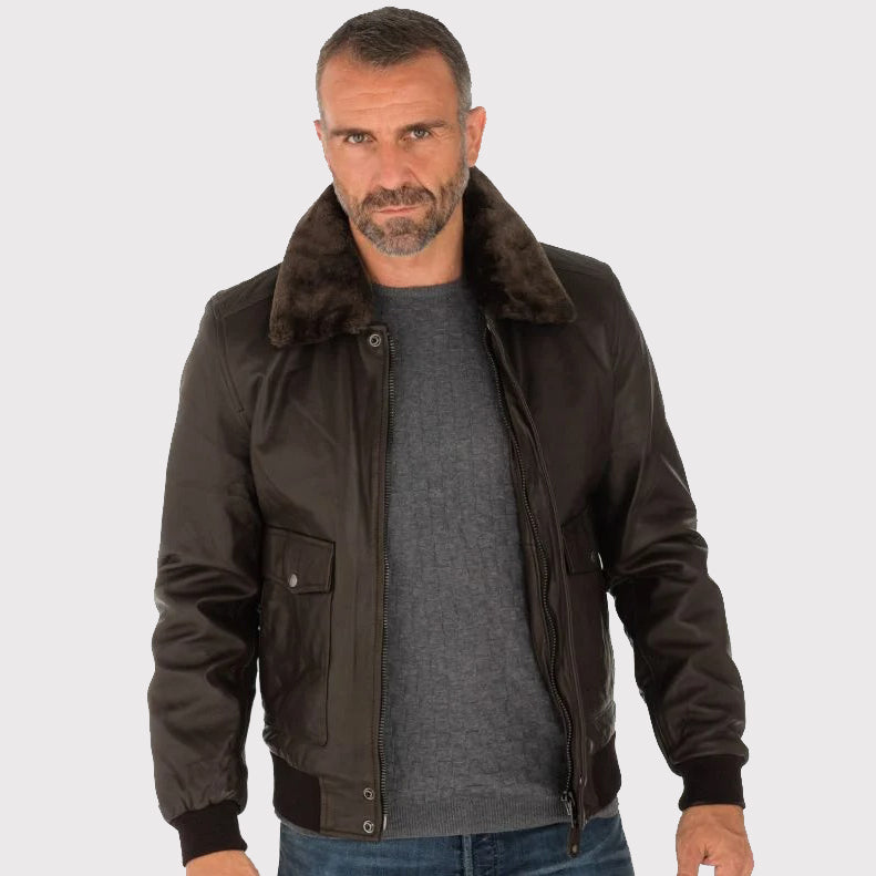 Men's Brown Lambskin Leather Bomber Jacket