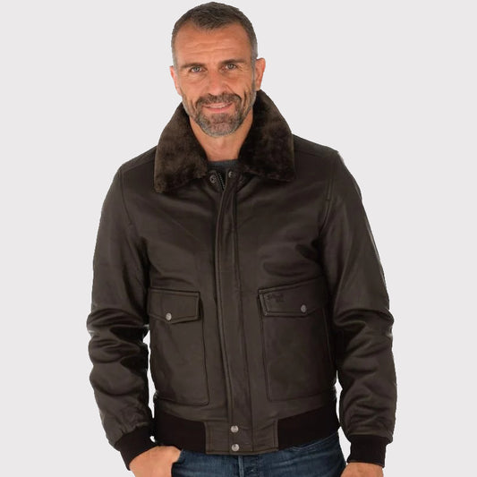 Brown Lambskin Leather Bomber Jacket for Men - Stylish Comfort!