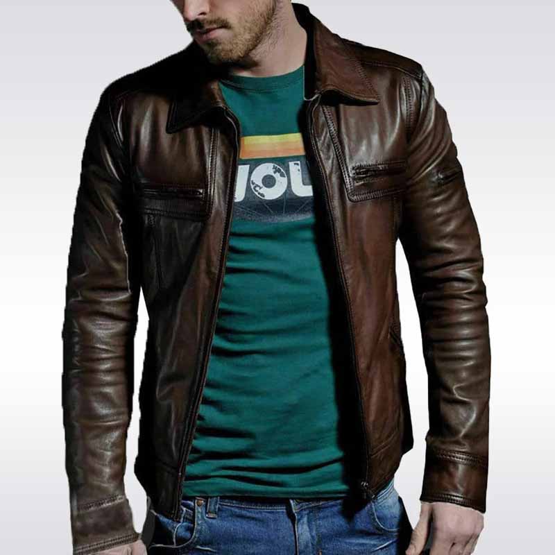 Men's Brown Leather Biker Zipper Fashion Jacket