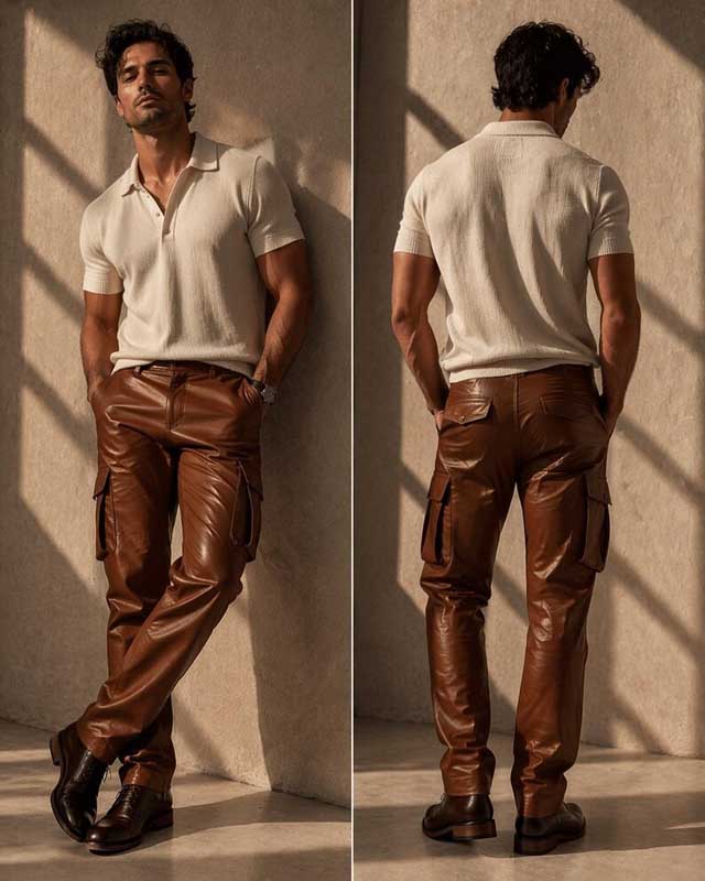 Mens Brown Leather Cargo Pants Slim Fit