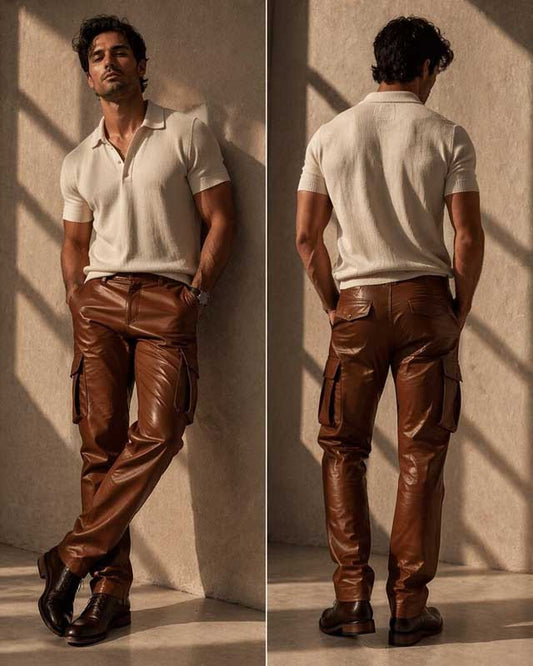Mens Brown Leather Cargo Pants Slim Fit