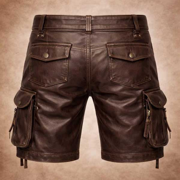 Mens Brown Genuine Leather Cargo Shorts