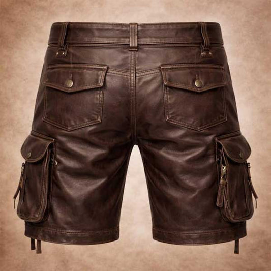 Mens Brown Genuine Leather Cargo Shorts