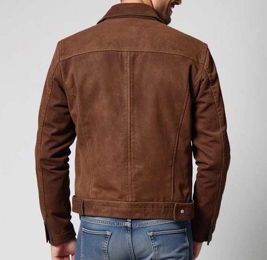 Mens Brown Pure Suede Leather Slim Fit Trucker Jacket