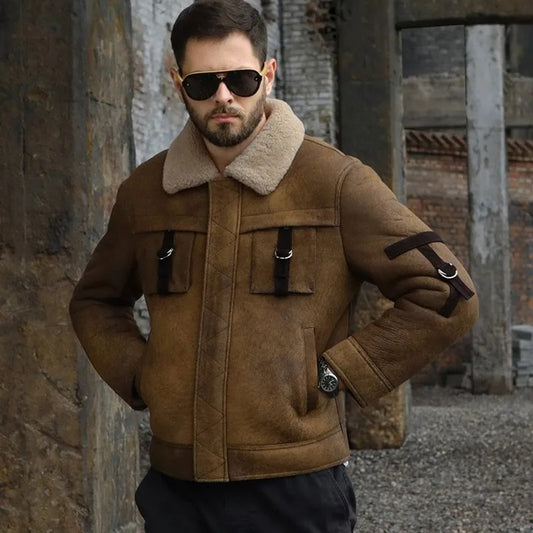 Men's Brown Shearling B3 Bomber Motorcycle Jacket Men's Brown Shearling B3 Bomber Motorcycle Jacket