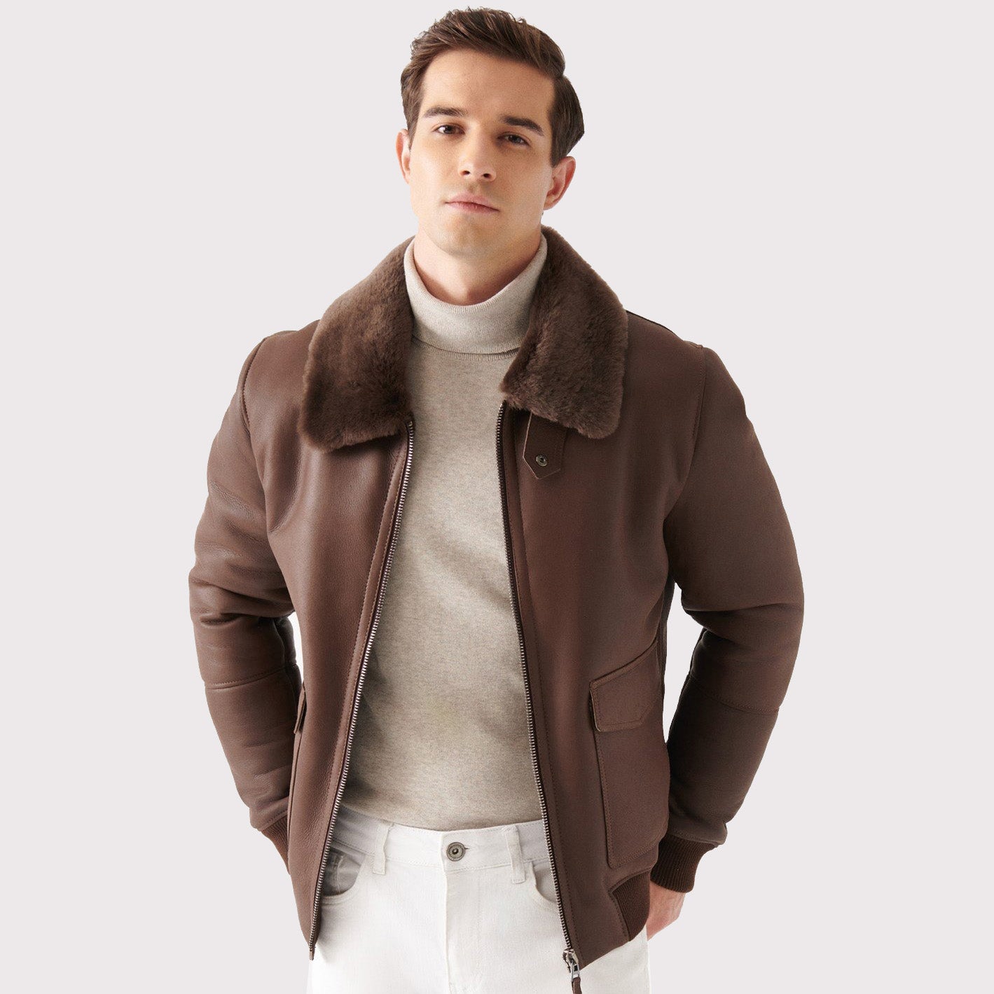 Stylish Men's Brown Shearling Bomber Jacket
