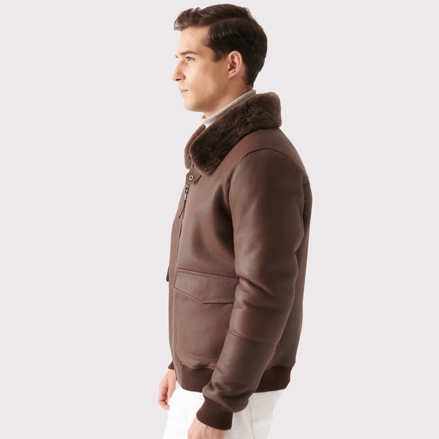 Stylish Men's Brown Shearling Bomber Jacket