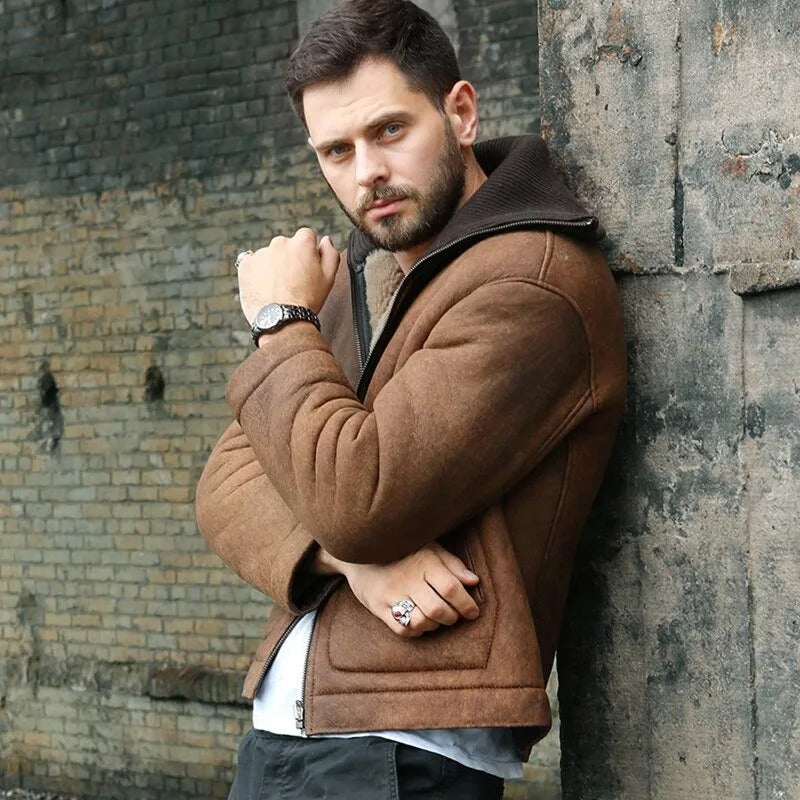 Men's Brown Shearling Lapel Jacket