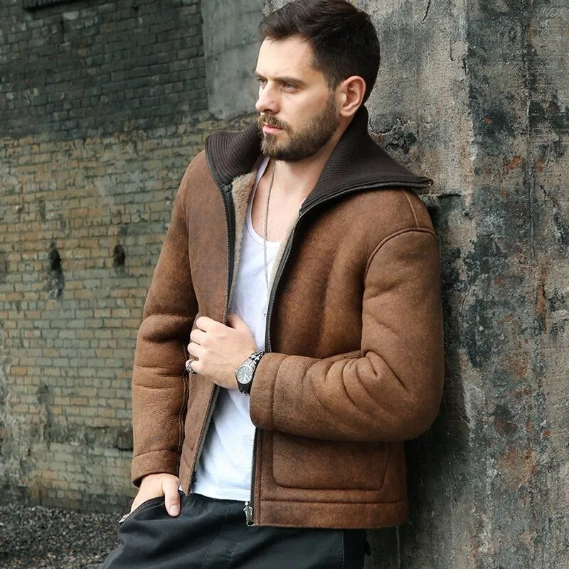 Men's Brown Shearling Lapel Jacket