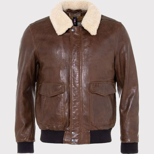 Stylish Men's Brown Sheepskin Leather Aviator Jacket Classic Brown Sheepskin Aviator Jacket for Men
