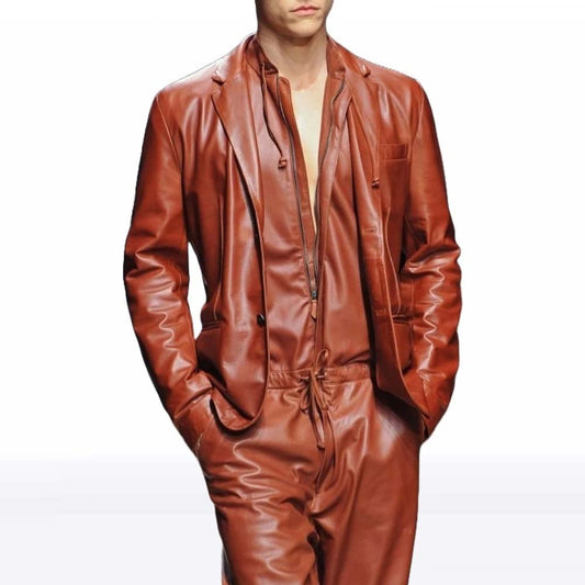 Men’s Brown Sheepskin Leather Jumpsuit with Blazer