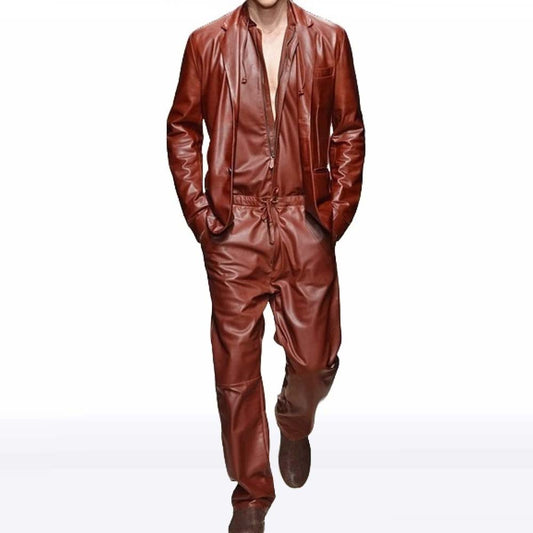Men’s Brown Sheepskin Leather Jumpsuit with Blazer Men’s Brown Sheepskin Leather Jumpsuit with Blazer