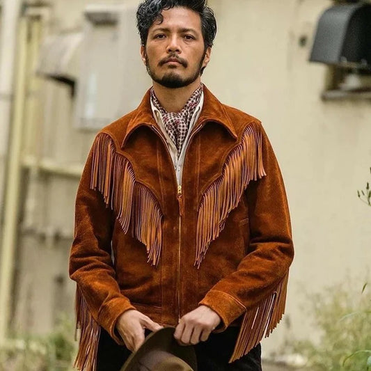 Brown Suede Leather Western Cowboy Fringe Jacket for Men